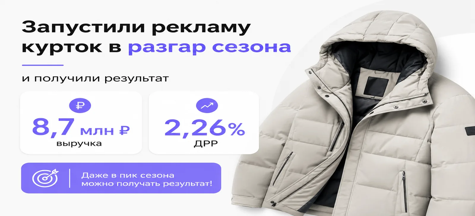 Куртки в разгар сезона: 8,7 млн ₽ выручки при ДРР 2,26%
